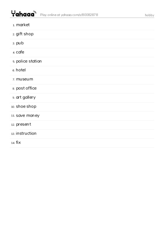 Word list with meanings worksheet for hobby