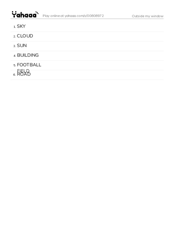 Word list with meanings worksheet for Outside my window