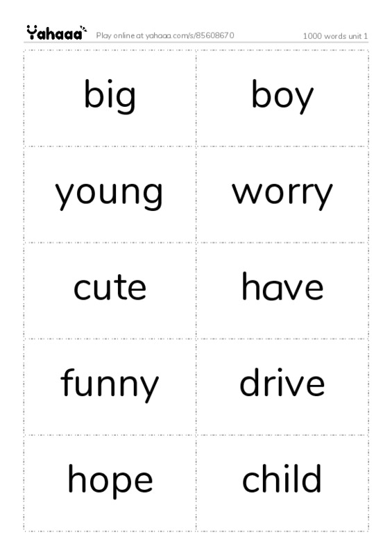 Word flashcards worksheet for 1000 words unit 1