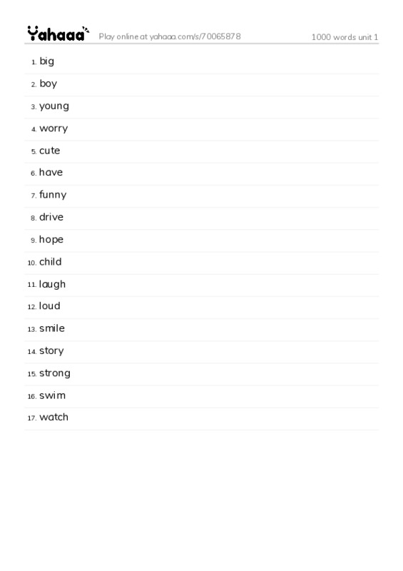 Word list with meanings worksheet for 1000 words unit 1