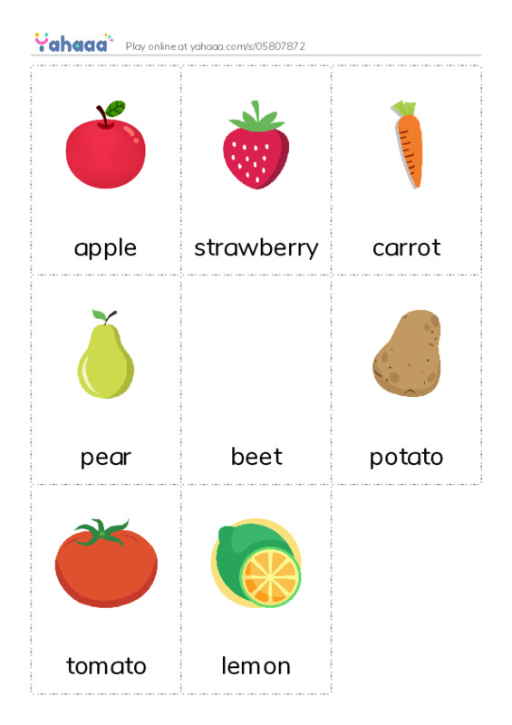 Picture flashcards worksheet for apple, strawberry, carrot and 5 more