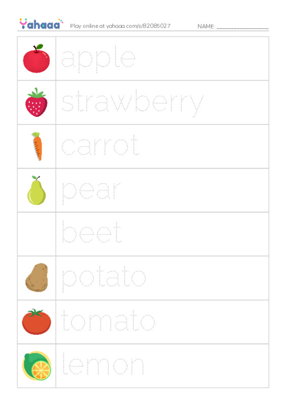 Picture and word rows worksheet for apple, strawberry, carrot and 5 more