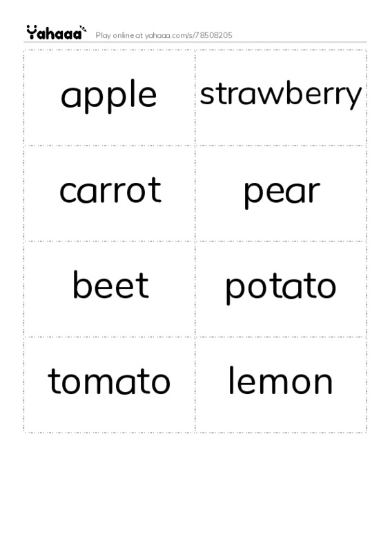 Word flashcards worksheet for apple, strawberry, carrot and 5 more