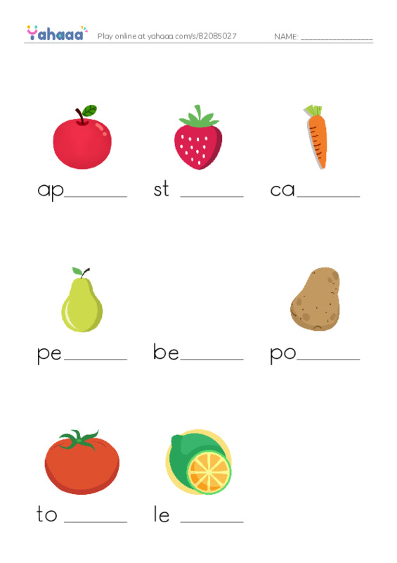 Finish the word worksheet for apple, strawberry, carrot and 5 more
