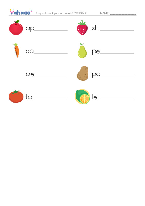 Write the word rows worksheet for apple, strawberry, carrot and 5 more