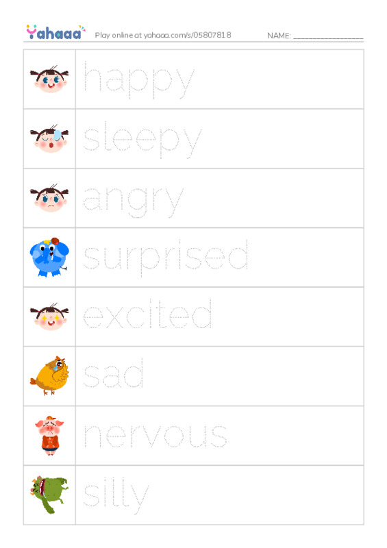 Picture and word rows worksheet for Emotions