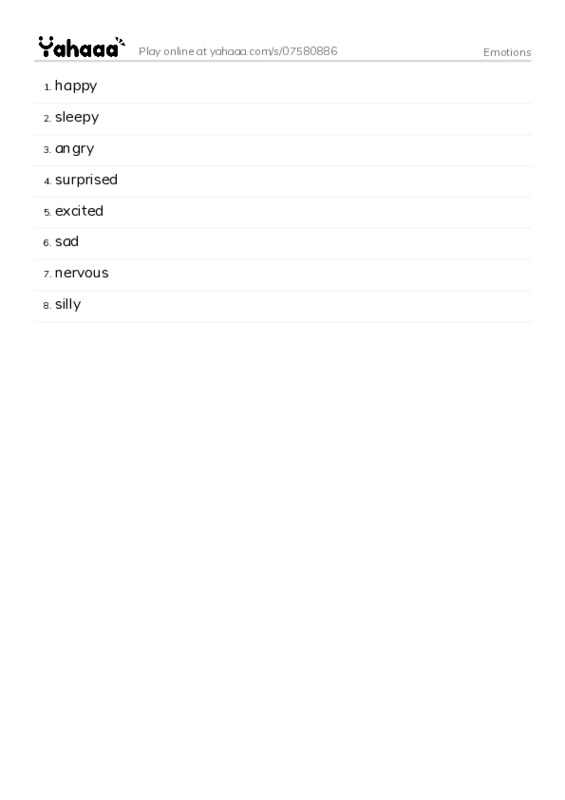 Word list with meanings worksheet for Emotions