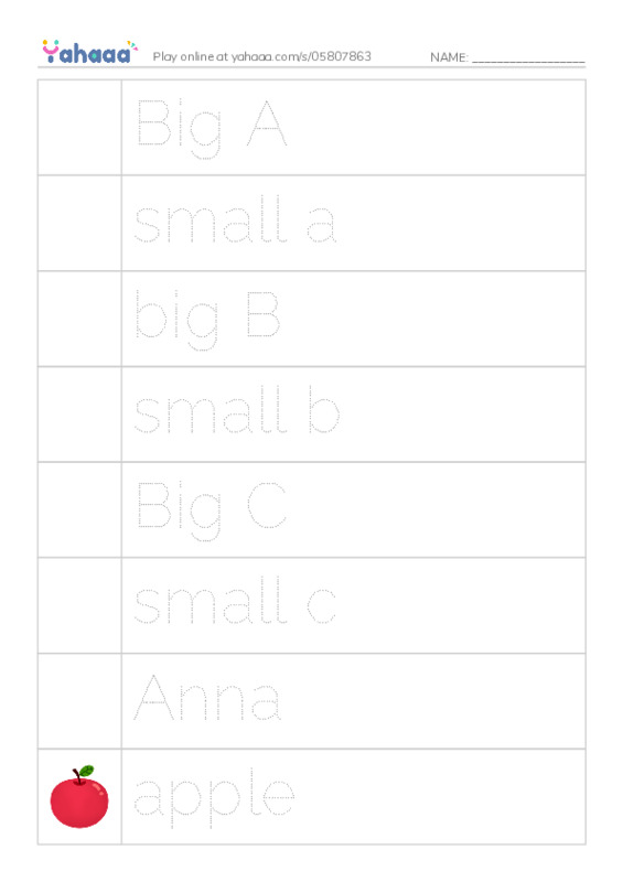 Picture and word rows worksheet for Big A, small a, big B and 12 more