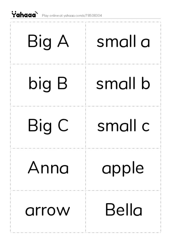 Word flashcards worksheet for Big A, small a, big B and 12 more