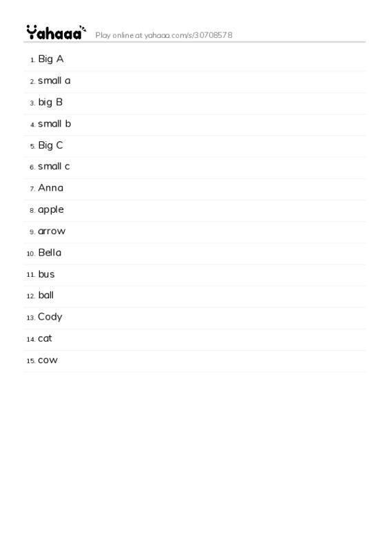 Word list with meanings worksheet for Big A, small a, big B and 12 more