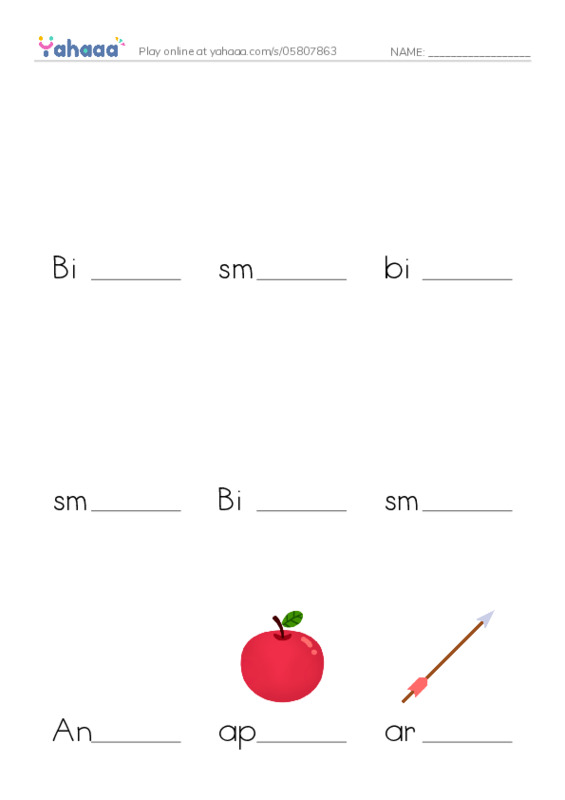 Finish the word worksheet for Big A, small a, big B and 12 more