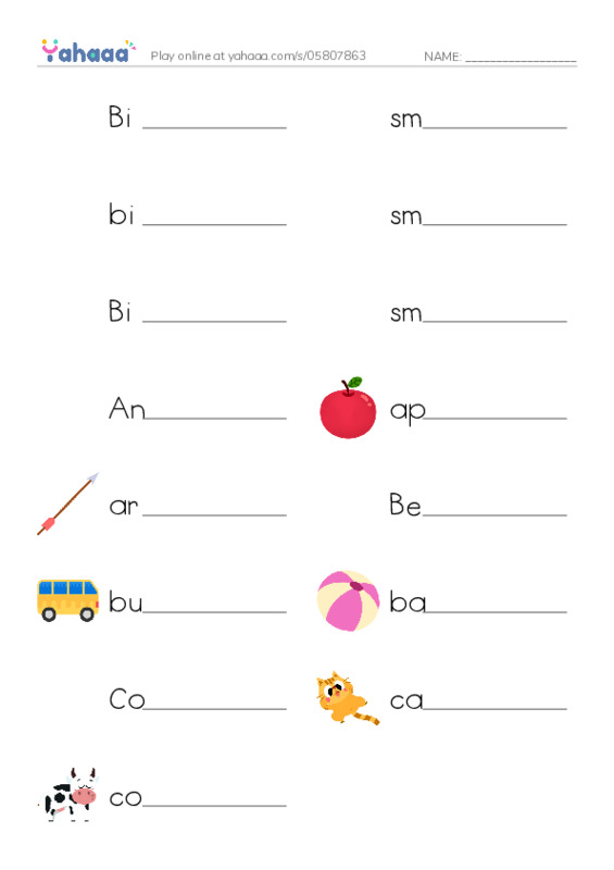 Write the word rows worksheet for Big A, small a, big B and 12 more
