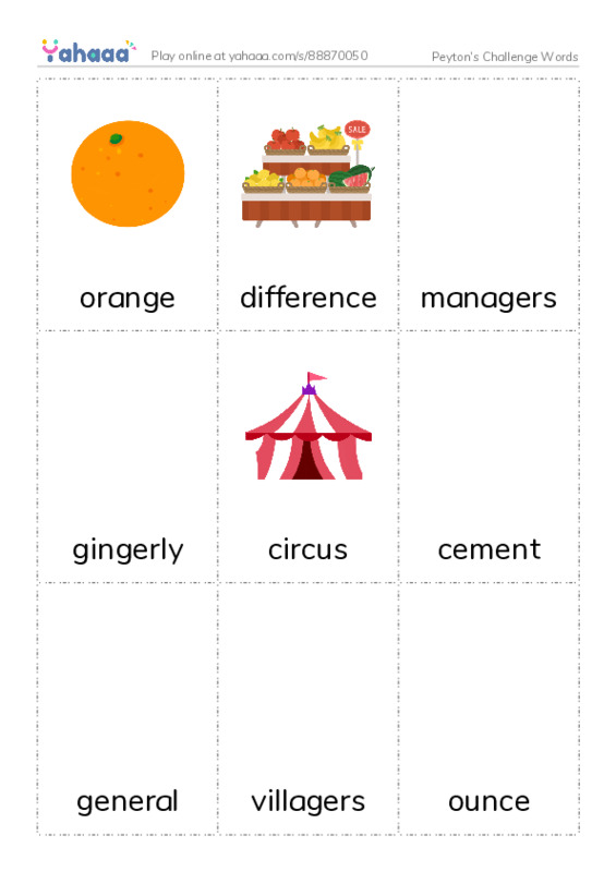 Picture flashcards worksheet for Peyton's Challenge Words