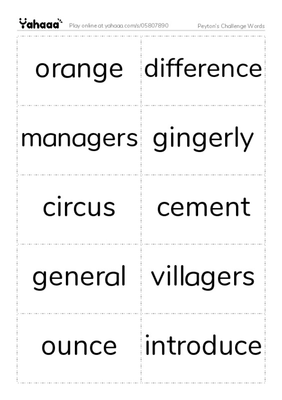 Word flashcards worksheet for Peyton's Challenge Words