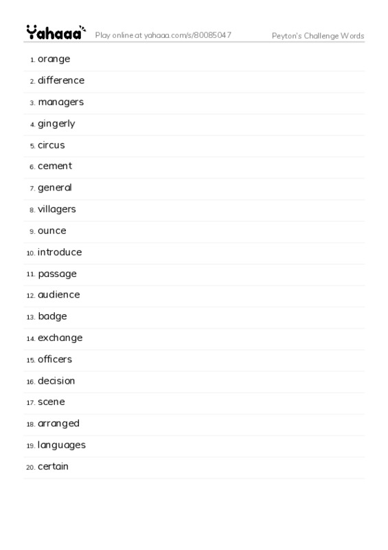 Word list with meanings worksheet for Peyton's Challenge Words