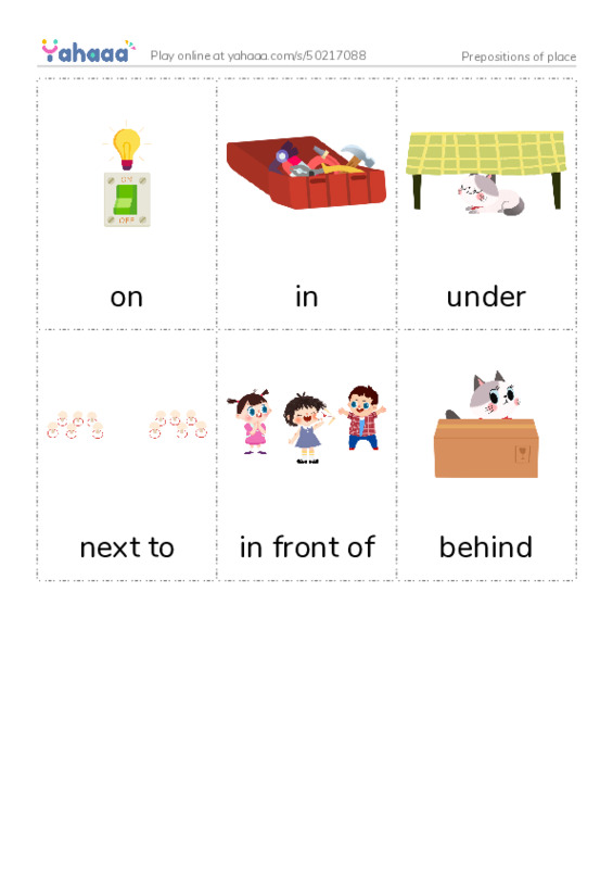 Picture flashcards worksheet for Prepositions of place
