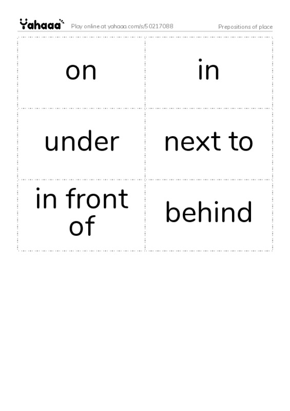 Word flashcards worksheet for Prepositions of place