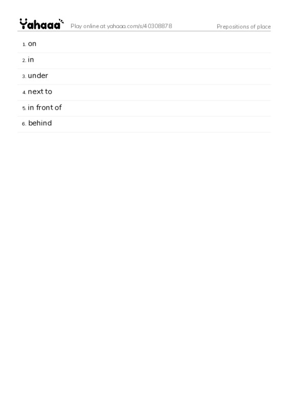 Word list with meanings worksheet for Prepositions of place