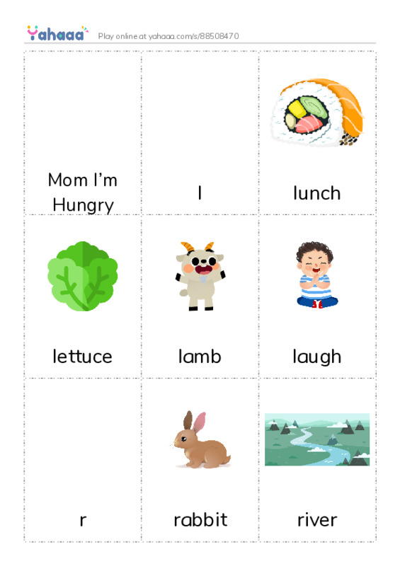 Picture flashcards worksheet for Mom I’m Hungry, l, lunch and 14 more