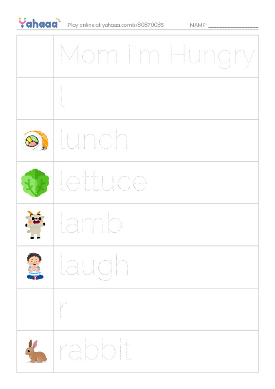 Picture and word rows worksheet for Mom I’m Hungry, l, lunch and 14 more