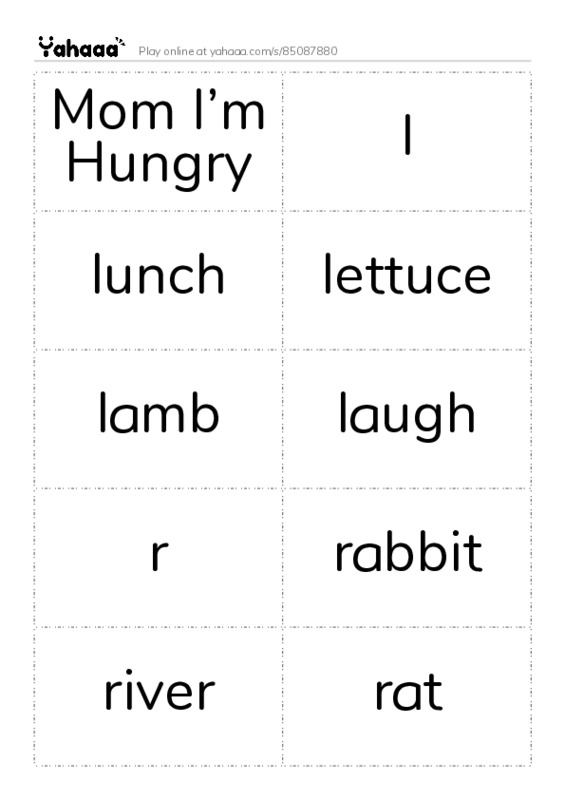 Word flashcards worksheet for Mom I’m Hungry, l, lunch and 14 more