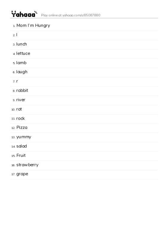 Word list with meanings worksheet for Mom I’m Hungry, l, lunch and 14 more