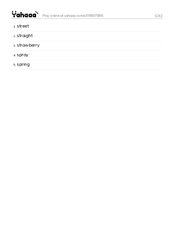 Word list with meanings worksheet for G3t2