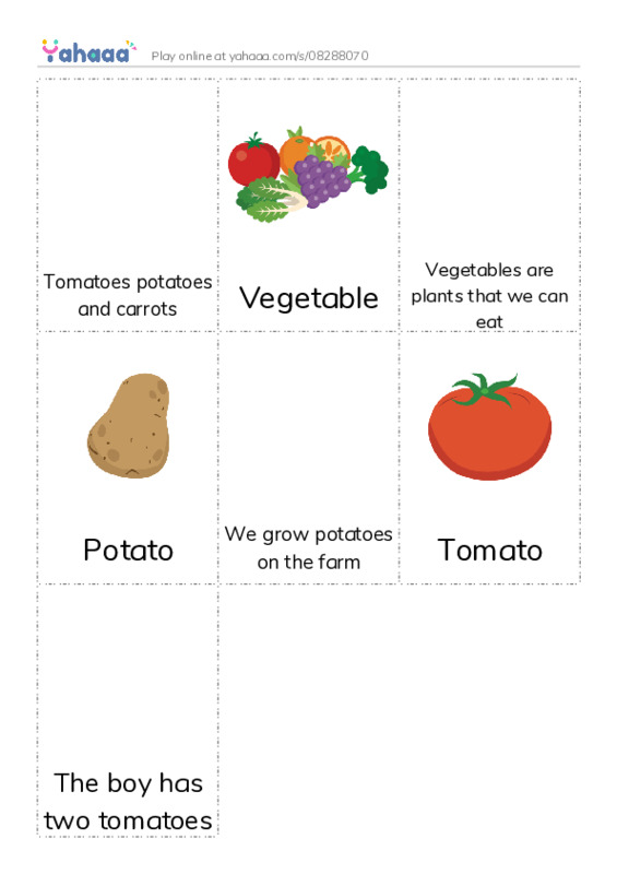 Picture flashcards worksheet for Tomatoes potatoes and carrots, Vegetable, Vegetables are plants that we can eat and 4 more