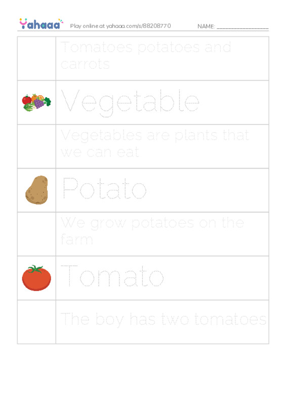 Picture and word rows worksheet for Tomatoes potatoes and carrots, Vegetable, Vegetables are plants that we can eat and 4 more
