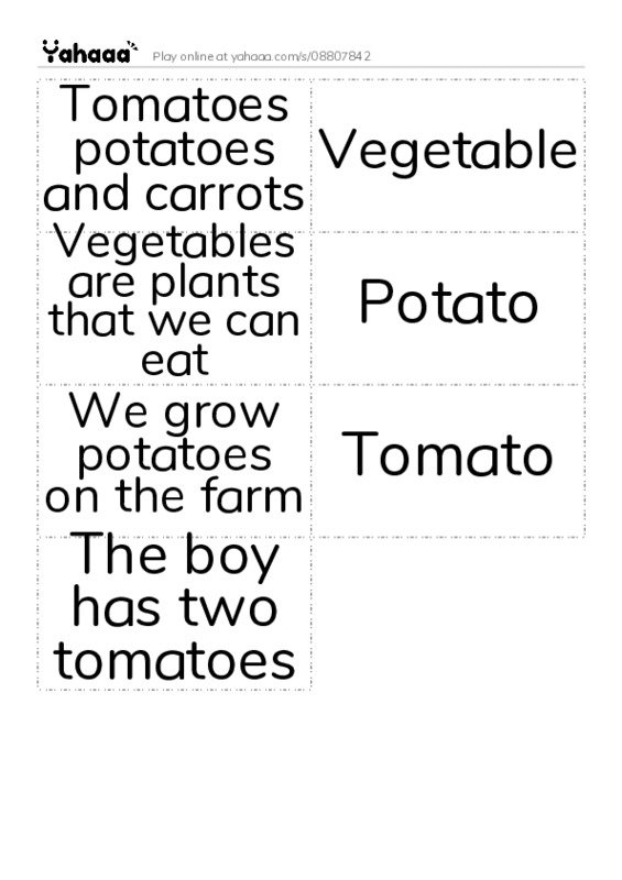 Word flashcards worksheet for Tomatoes potatoes and carrots, Vegetable, Vegetables are plants that we can eat and 4 more