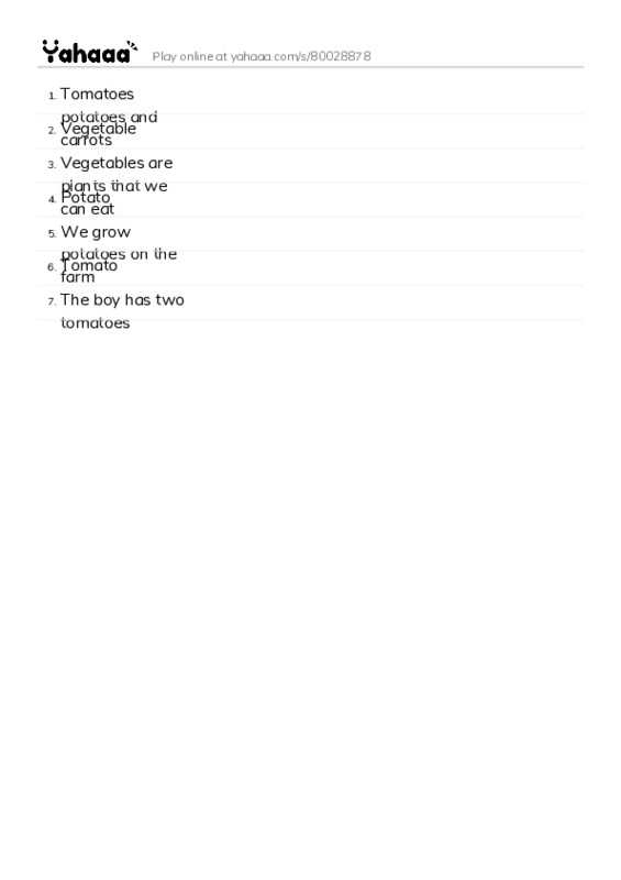 Word list with meanings worksheet for Tomatoes potatoes and carrots, Vegetable, Vegetables are plants that we can eat and 4 more