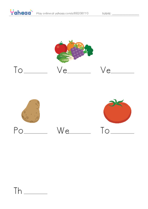 Finish the word worksheet for Tomatoes potatoes and carrots, Vegetable, Vegetables are plants that we can eat and 4 more