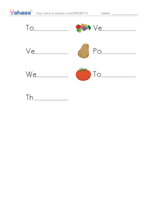 Write the word rows worksheet for Tomatoes potatoes and carrots, Vegetable, Vegetables are plants that we can eat and 4 more