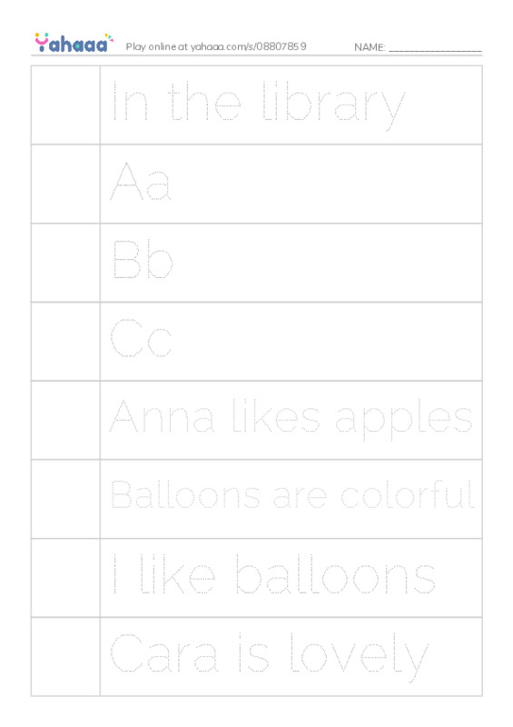 Picture and word rows worksheet for In the library, Aa, Bb and 10 more