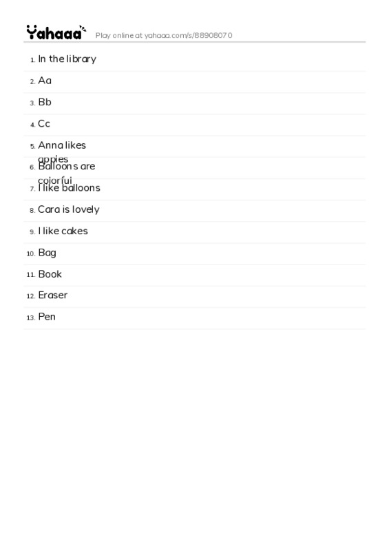 Word list with meanings worksheet for In the library, Aa, Bb and 10 more