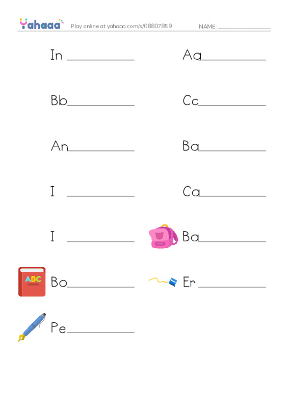 Write the word rows worksheet for In the library, Aa, Bb and 10 more
