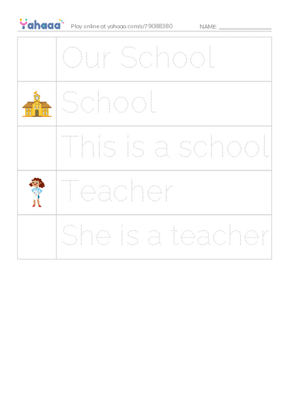 Picture and word rows worksheet for Our School, School, This is a school and 2 more