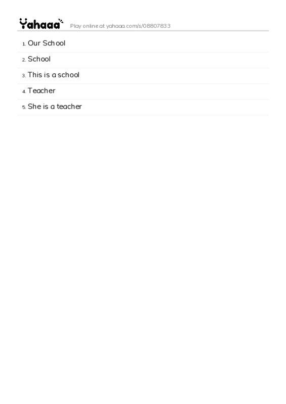 Word list with meanings worksheet for Our School, School, This is a school and 2 more