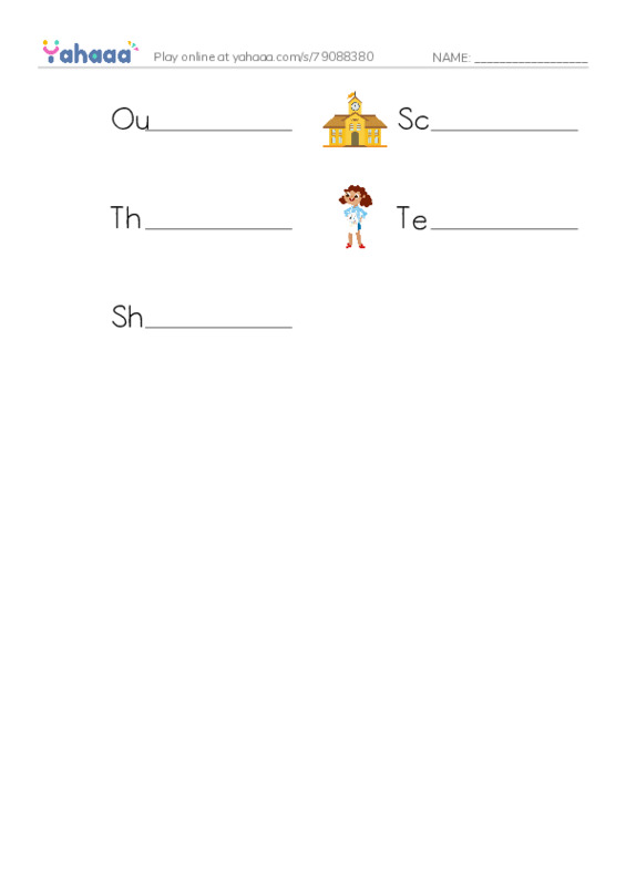 Write the word rows worksheet for Our School, School, This is a school and 2 more