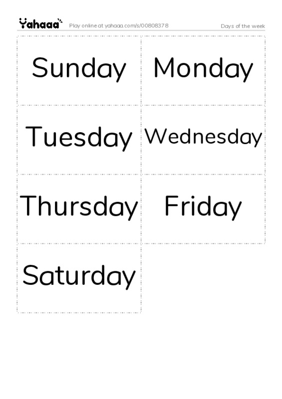 Word flashcards worksheet for Days of the week