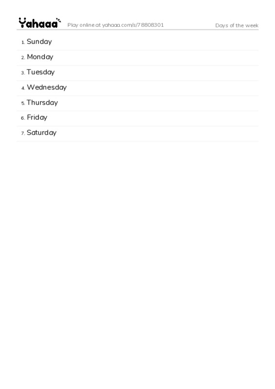 Word list with meanings worksheet for Days of the week