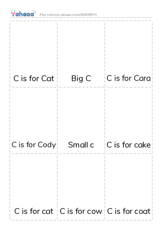 Picture flashcards worksheet for C is for Cat, Big C, C is for Cara and 10 more