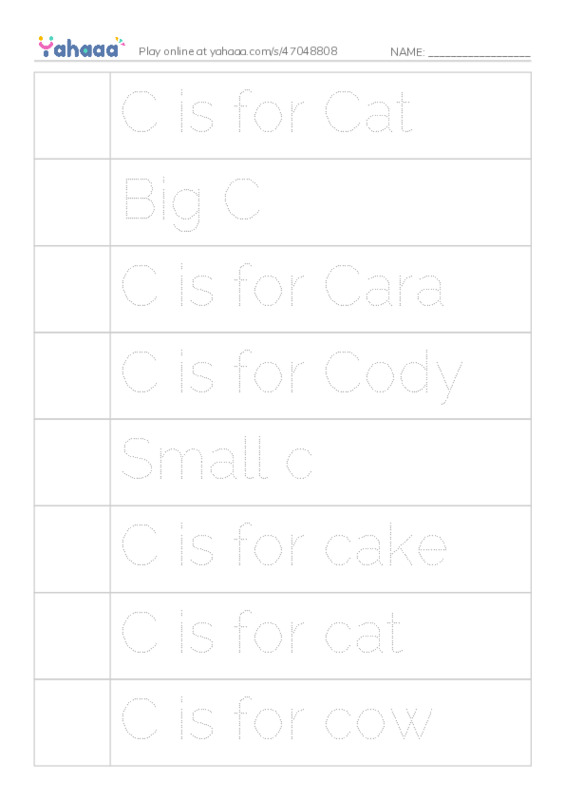Picture and word rows worksheet for C is for Cat, Big C, C is for Cara and 10 more