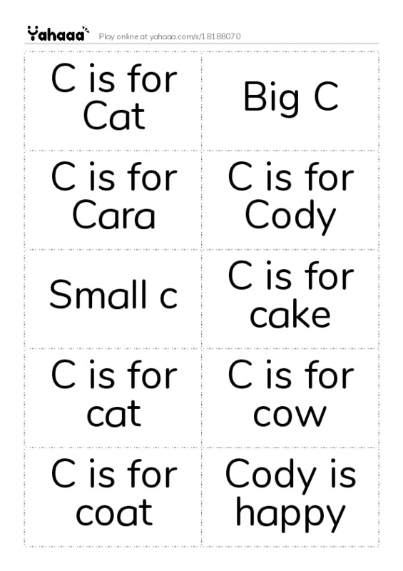 Word flashcards worksheet for C is for Cat, Big C, C is for Cara and 10 more