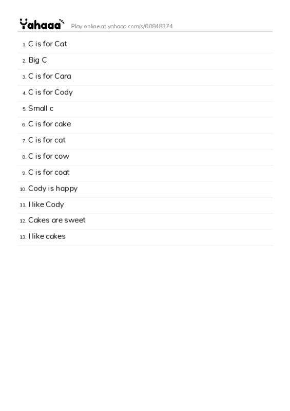 Word list with meanings worksheet for C is for Cat, Big C, C is for Cara and 10 more