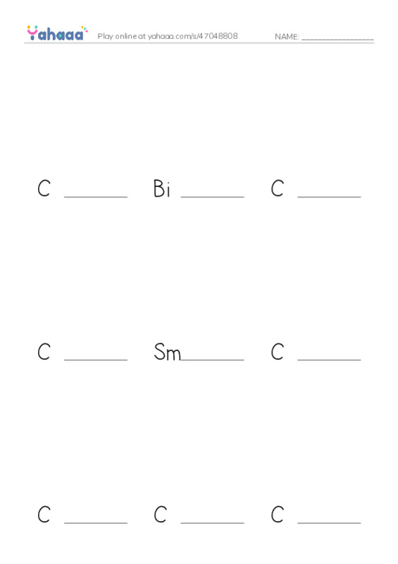Finish the word worksheet for C is for Cat, Big C, C is for Cara and 10 more