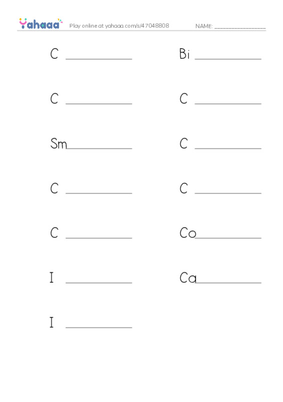 Write the word rows worksheet for C is for Cat, Big C, C is for Cara and 10 more