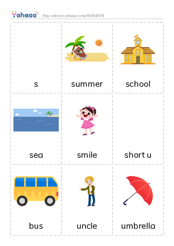 Picture flashcards worksheet for s, summer, school and 7 more