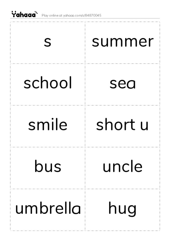 Word flashcards worksheet for s, summer, school and 7 more