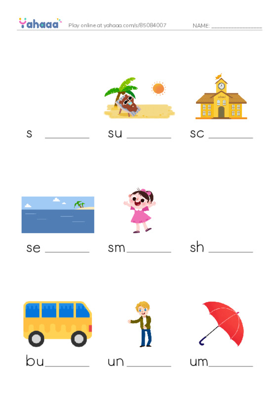 Finish the word worksheet for s, summer, school and 7 more